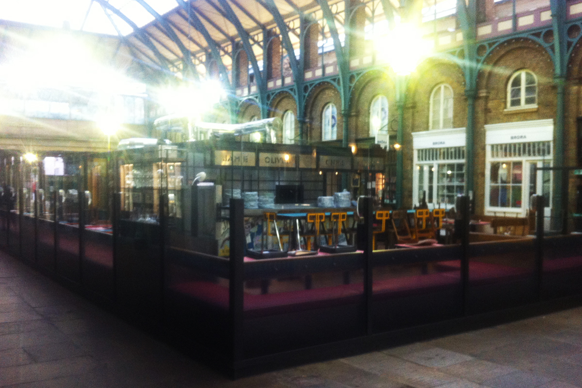 blackened mild steel bar and gantry to a restaurant in Covent Gardens, London.